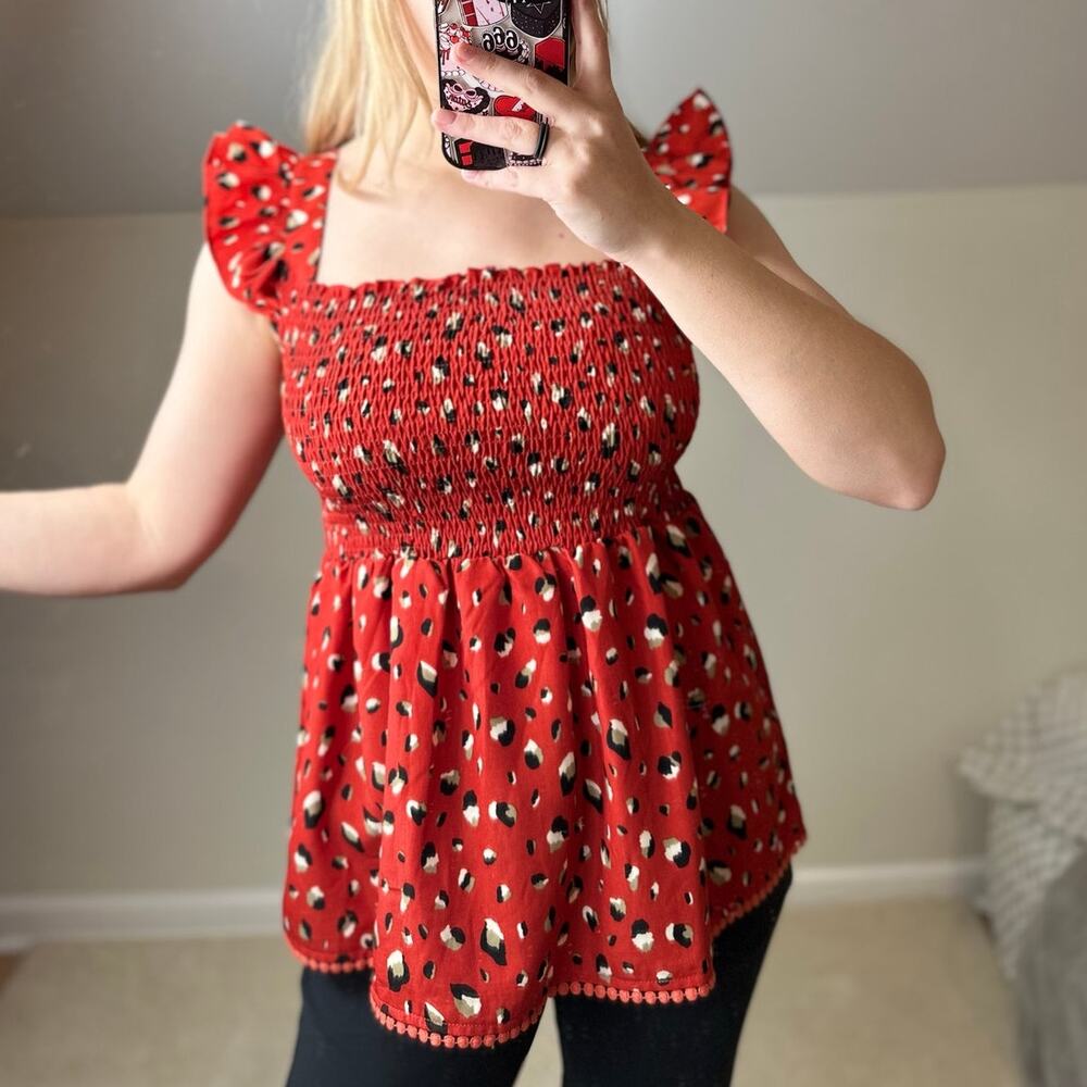THML: Red Smocked Ruffle Tank Top